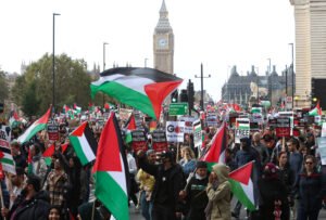 Demonstrators protest in solidarity with Palestinians in Gaza, in London